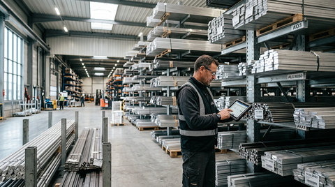Illustration d'une main tenant des échantillons de matières premières PME (métaux, plastiques) avec un graphique boursier en arrière-plan, symbolisant la volatilité des prix et la gestion des risques pour les PME.