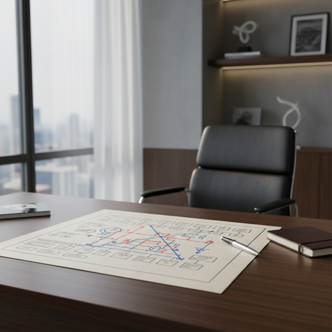 Illustration d'un entrepreneur souriant, libéré d'un goulot d'étranglement symbolique, entouré de collaborateurs autonomes grâce à une matrice de délégation fondateur visuelle.