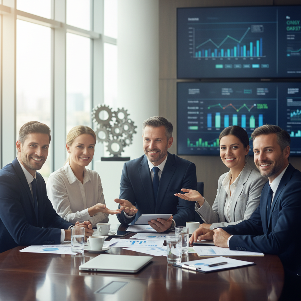 Illustration de cadres et dirigeants autour d'une table, symbolisant la reprise d'entreprise et le MBO PME financement,