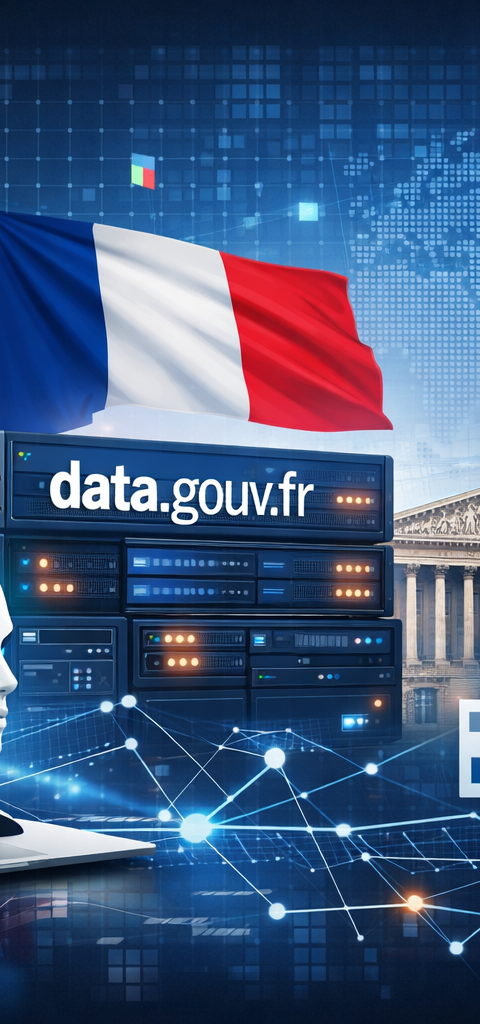 Illustration conceptuelle montrant des données publiques de l'État s'interfaçant avec une intelligence artificielle via le protocole MCP, avec le logo data.gouv.fr.