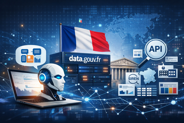 Illustration conceptuelle montrant des données publiques de l'État s'interfaçant avec une intelligence artificielle via le protocole MCP, avec le logo data.gouv.fr.
