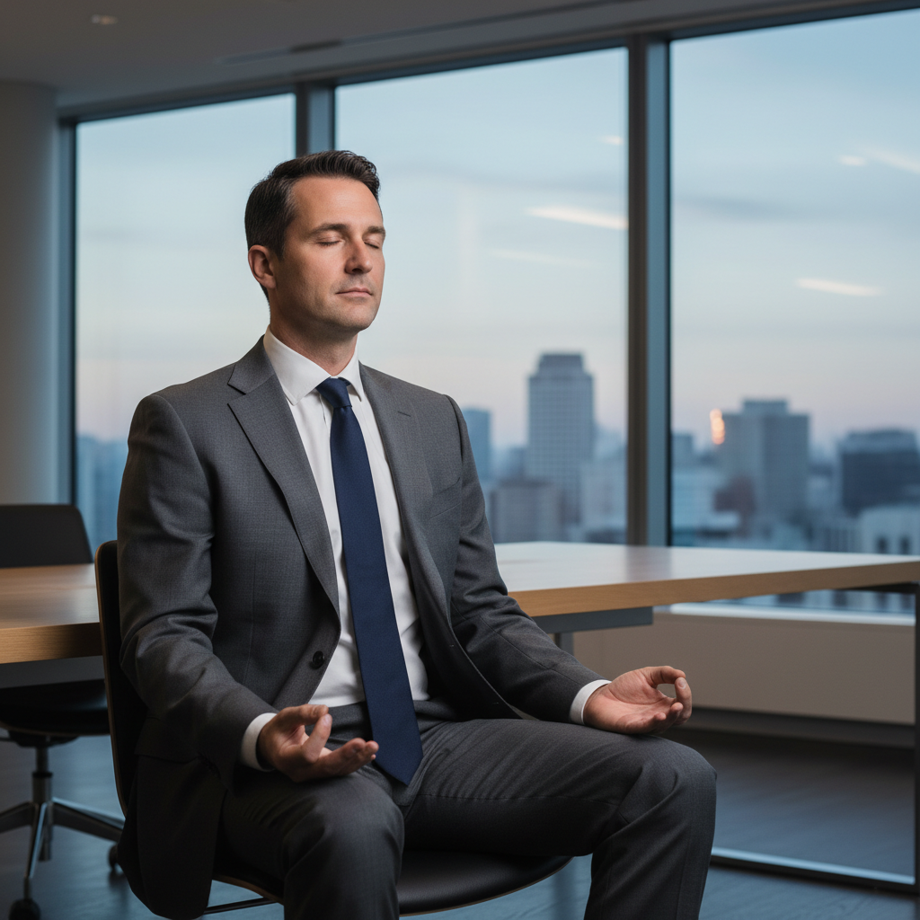 Un dirigeant méditant, les yeux fermés, dans un environnement de bureau moderne, symbolisant la sérénité et la concentration grâce à la méditation pleine conscience.