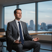 Un dirigeant méditant, les yeux fermés, dans un environnement de bureau moderne, symbolisant la sérénité et la concentration grâce à la méditation pleine conscience.