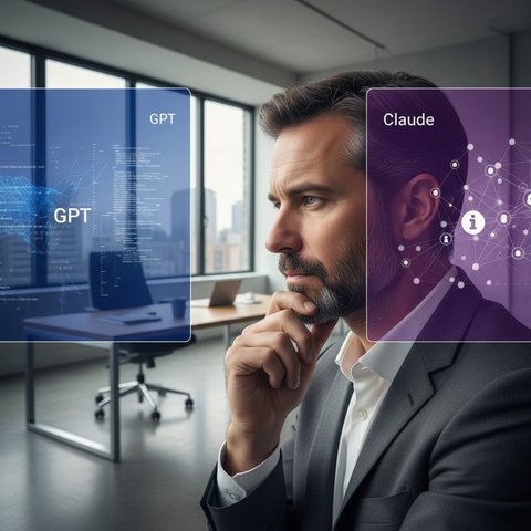Comparaison visuelle entre les logos de Claude 4 et GPT-5, symbolisant le duel pour la meilleure IA pour l'automatisation des PME, avec des graphiques d'analyse en arrière-plan.