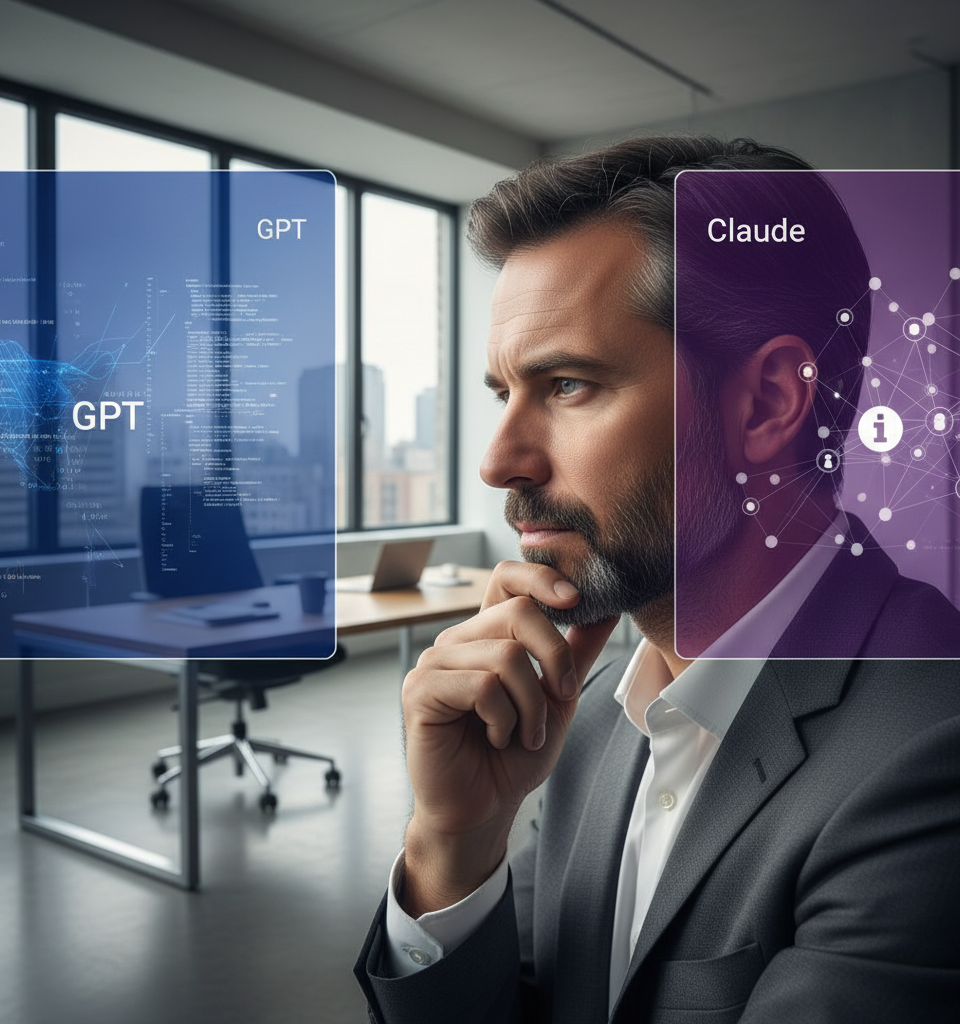 Comparaison visuelle entre les logos de Claude 4 et GPT-5, symbolisant le duel pour la meilleure IA pour l'automatisation des PME, avec des graphiques d'analyse en arrière-plan.