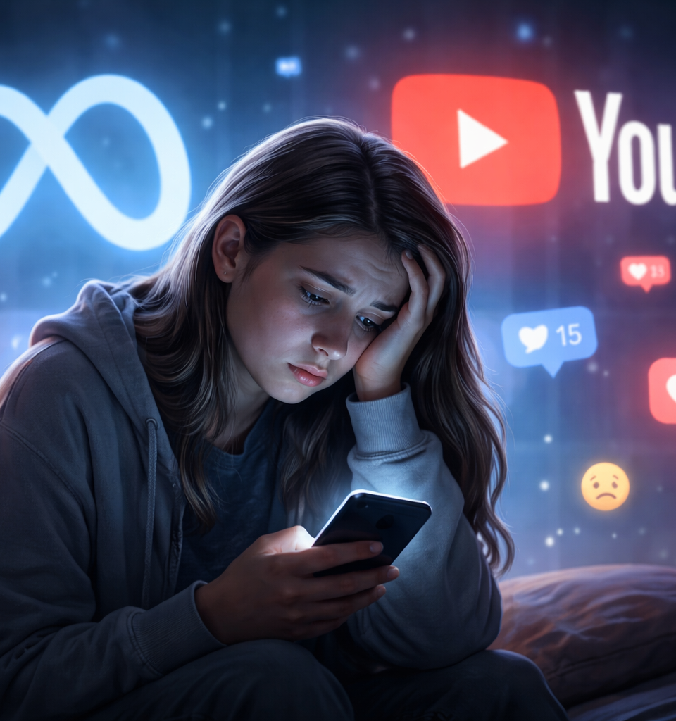 Illustration d'un adolescent pensif devant un écran de smartphone, avec les logos de Meta et YouTube en arrière-plan, symbolisant la pression et les enjeux de santé mentale liés à l'utilisation des réseaux sociaux.