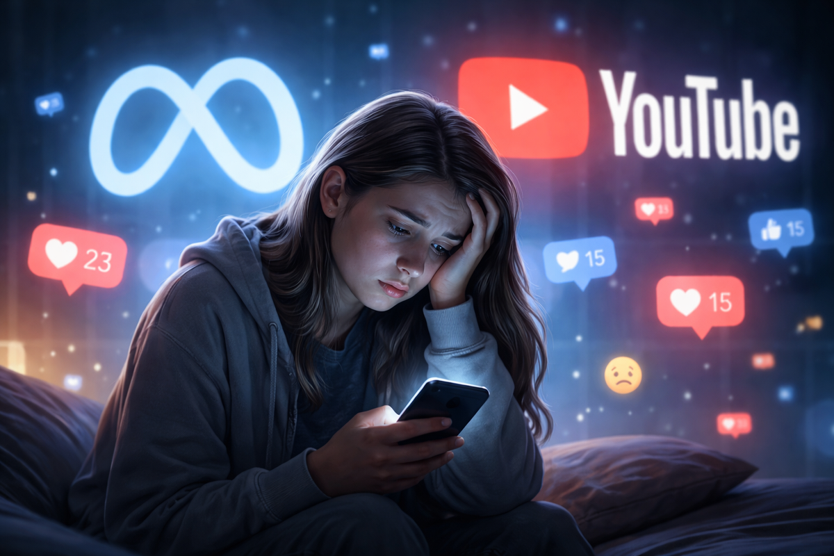 Illustration d'un adolescent pensif devant un écran de smartphone, avec les logos de Meta et YouTube en arrière-plan, symbolisant la pression et les enjeux de santé mentale liés à l'utilisation des réseaux sociaux.