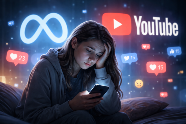 Illustration d'un adolescent pensif devant un écran de smartphone, avec les logos de Meta et YouTube en arrière-plan, symbolisant la pression et les enjeux de santé mentale liés à l'utilisation des réseaux sociaux.