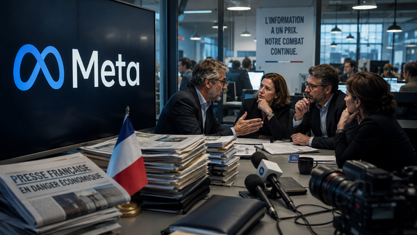 Réunion tendue dans une rédaction française avec le logo Meta affiché sur écran, des journaux, micros de presse et documents symbolisant le conflit sur les droits voisins.