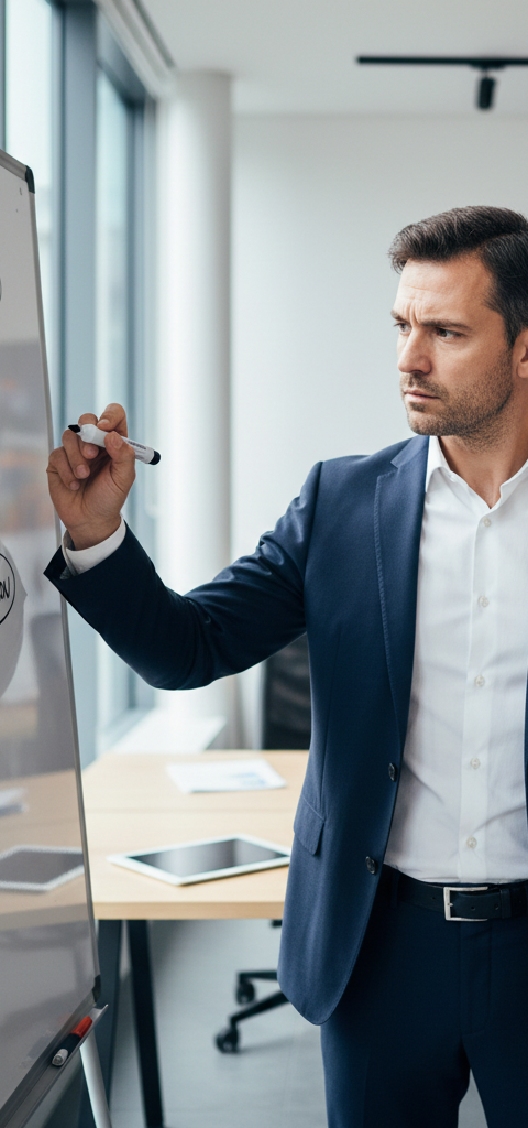 Un dirigeant concentré, schématisant des idées complexes sur un tableau blanc, illustrant l'application de la méthode Feynman business pour simplifier l'apprentissage et la prise de décision.