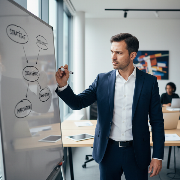 Un dirigeant concentré, schématisant des idées complexes sur un tableau blanc, illustrant l'application de la méthode Feynman business pour simplifier l'apprentissage et la prise de décision.