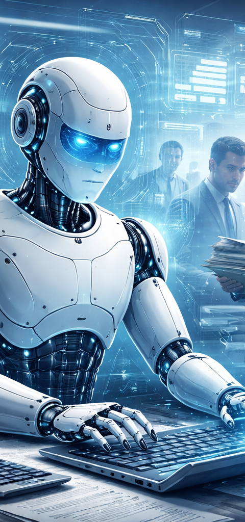Illustration d'un robot ou d'une intelligence artificielle analysant des documents, symbolisant les métiers menacés par l'IA dans les fonctions de bureau.