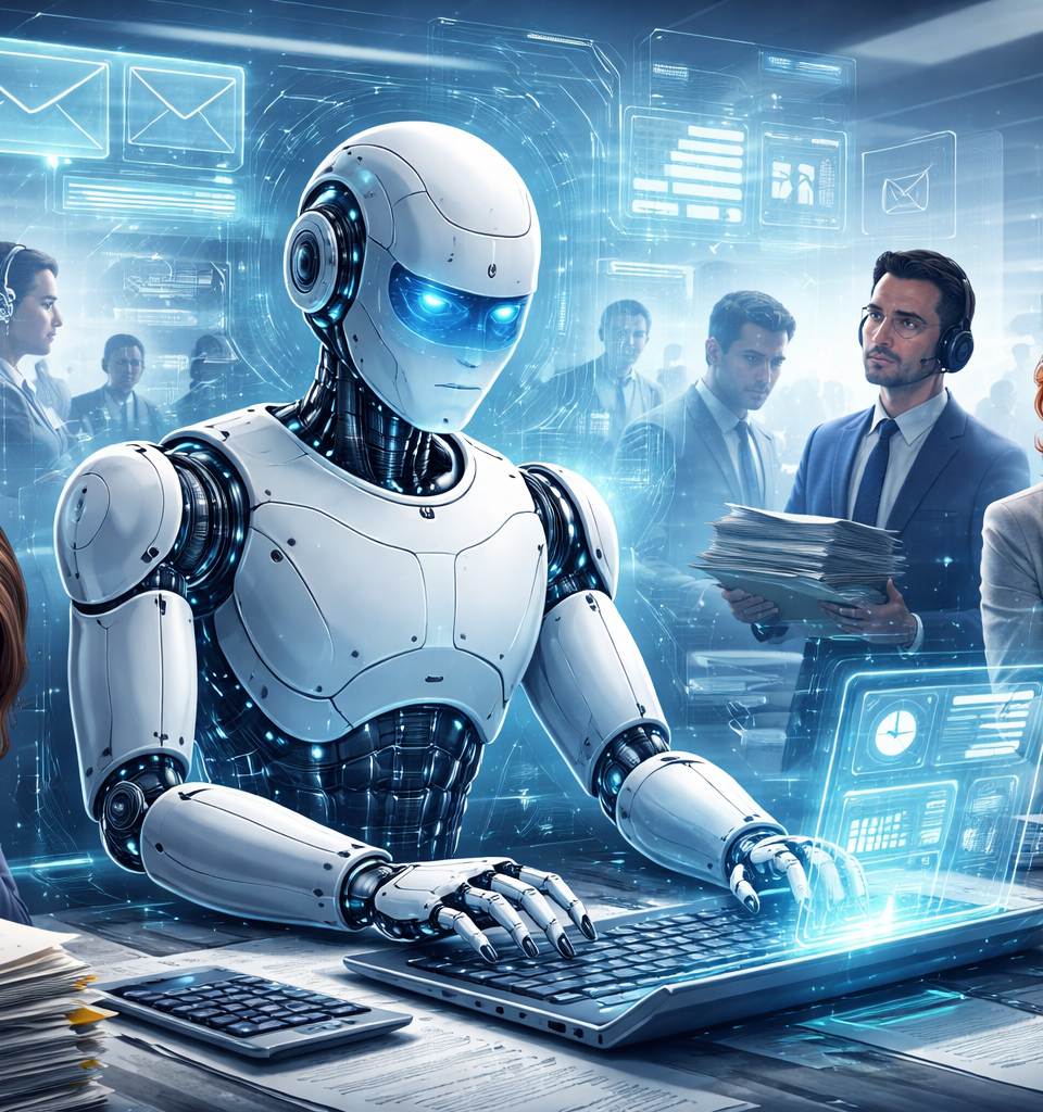 Illustration d'un robot ou d'une intelligence artificielle analysant des documents, symbolisant les métiers menacés par l'IA dans les fonctions de bureau.