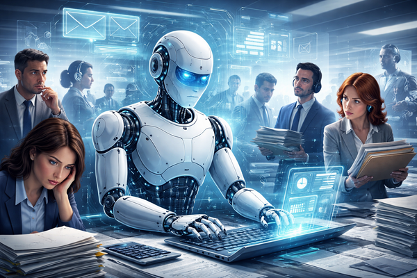 Illustration d'un robot ou d'une intelligence artificielle analysant des documents, symbolisant les métiers menacés par l'IA dans les fonctions de bureau.