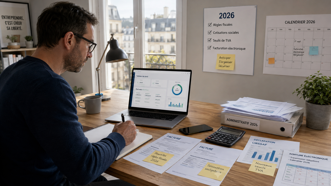 Micro-entrepreneur travaillant sur ses factures, déclarations Urssaf et échéances 2026, avec des documents sur les règles fiscales, cotisations sociales, TVA et facturation électronique.