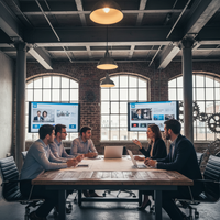 Micro-influenceurs B2B sur LinkedIn et YouTube : professionnels de l'industrie échangeant des idées, des schémas techniques sur des écrans, symbolisant la génération de leads qualifiés pour les PME industrielles.