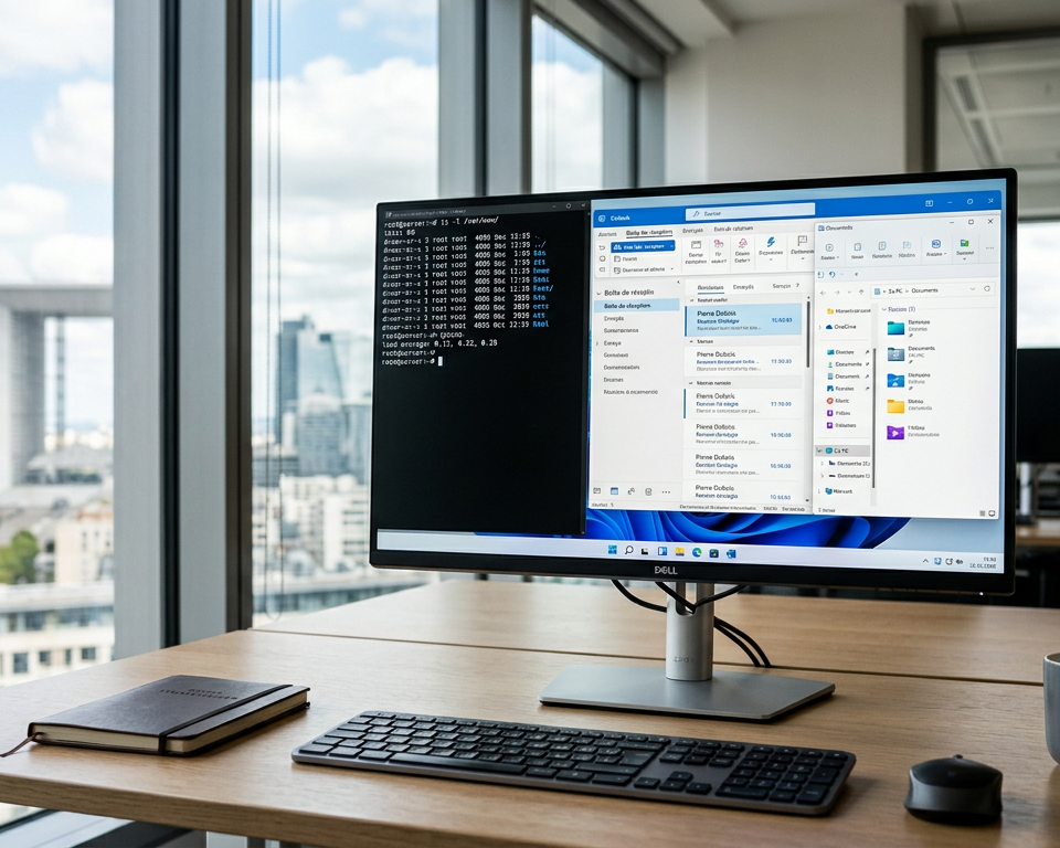 Interface Windows 11 affichant un terminal où Microsoft intègre nativement des commandes Linux via WSL.