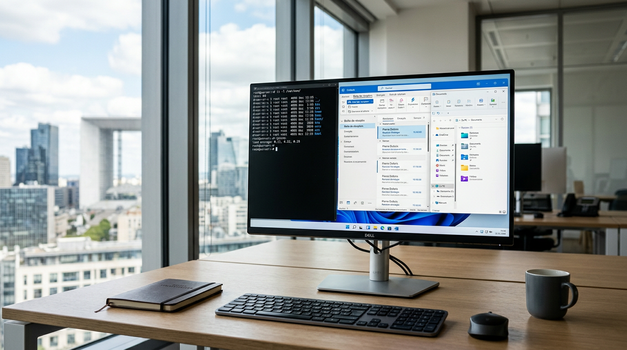 Interface Windows 11 affichant un terminal où Microsoft intègre nativement des commandes Linux via WSL.