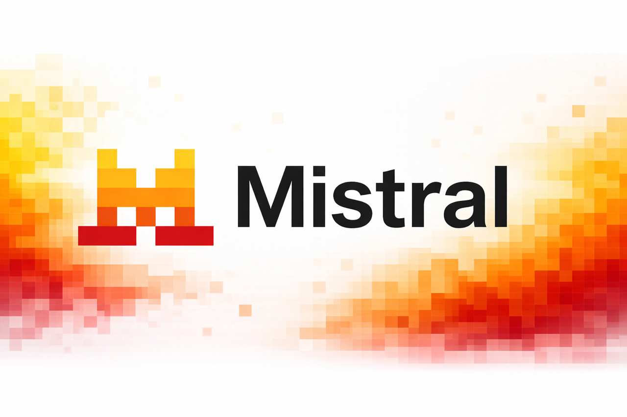 Logo de Mistral AI sur un fond pixelisé orange virant au rouge, représentant la croissance de mistral au sein du monde des grandes entreprises IA