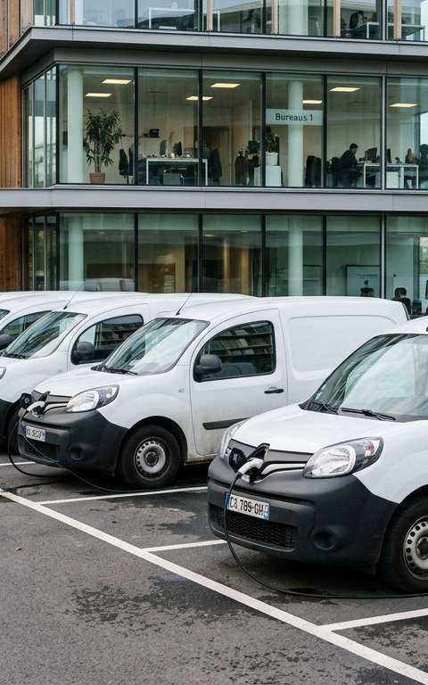 Illustration d'une flotte de véhicules électriques modernes avec le logo d'une PME, symbolisant les défis et opportunités des subventions pour la mobilité électrique PME en 2026.