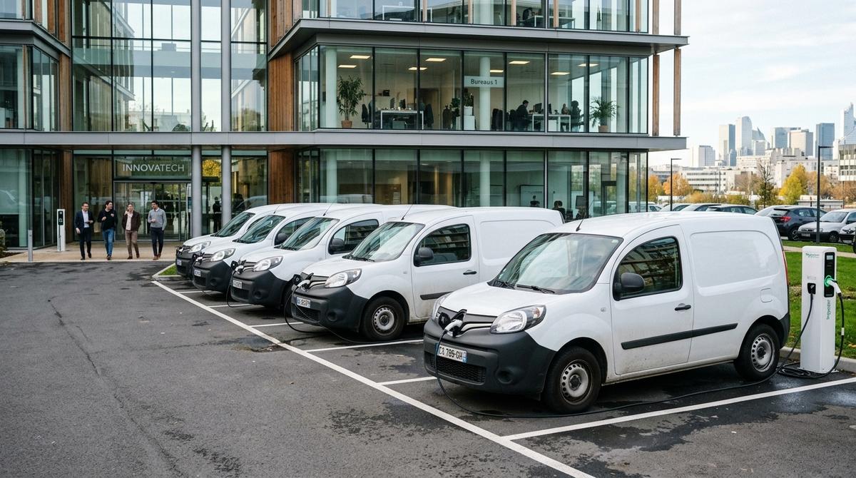 Illustration d'une flotte de véhicules électriques modernes avec le logo d'une PME, symbolisant les défis et opportunités des subventions pour la mobilité électrique PME en 2026.