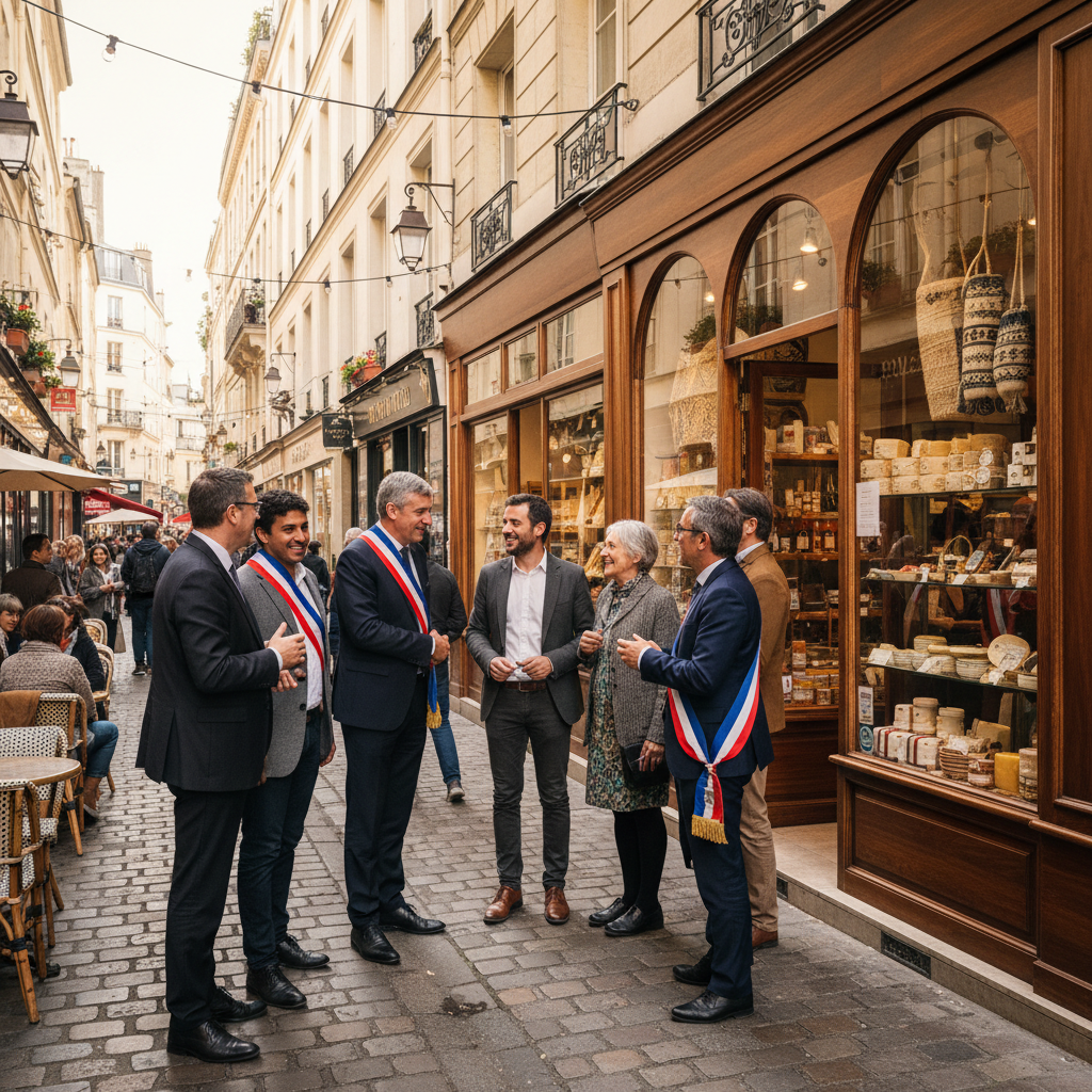 Des élus discutant avec des artisans et commerçants devant leur boutique, symbolisant les enjeux économiques locaux des municipales 2026.