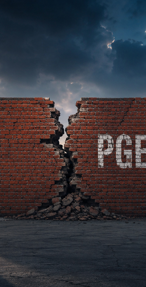 Un dirigeant d’entreprise en costume sombre, vu de dos, fait face à un grand mur de briques rouges fissuré en son centre, marqué “PGE 2026”. Sous un ciel orageux mêlant bleu nuit et lumière orangée, la scène symbolise les tensions économiques et les défis liés au remboursement des prêts garantis par l’État.