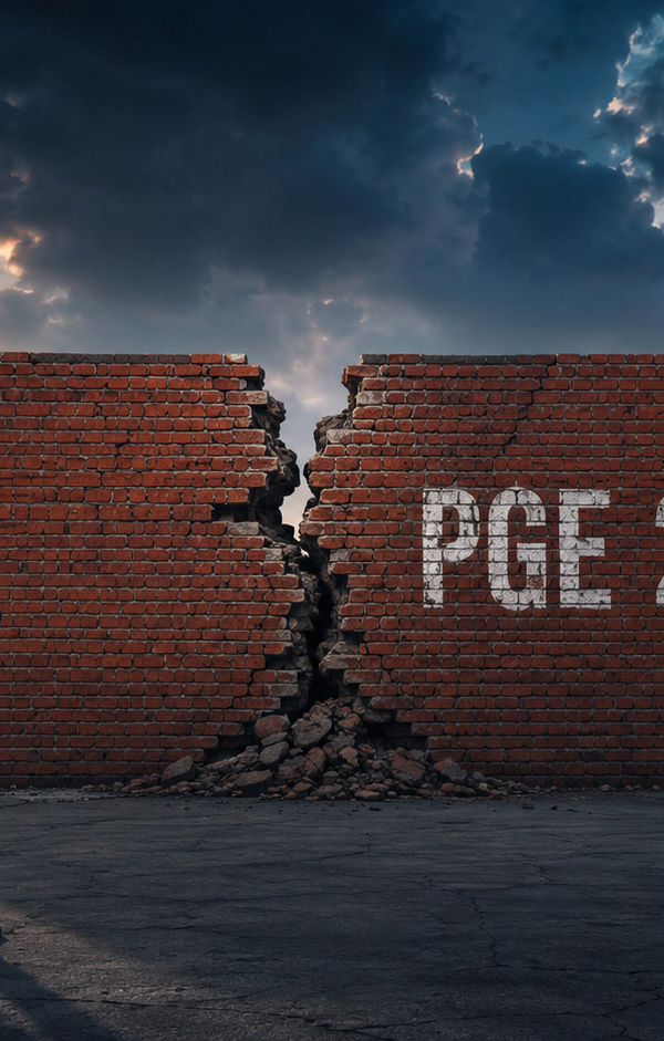 Un dirigeant d’entreprise en costume sombre, vu de dos, fait face à un grand mur de briques rouges fissuré en son centre, marqué “PGE 2026”. Sous un ciel orageux mêlant bleu nuit et lumière orangée, la scène symbolise les tensions économiques et les défis liés au remboursement des prêts garantis par l’État.