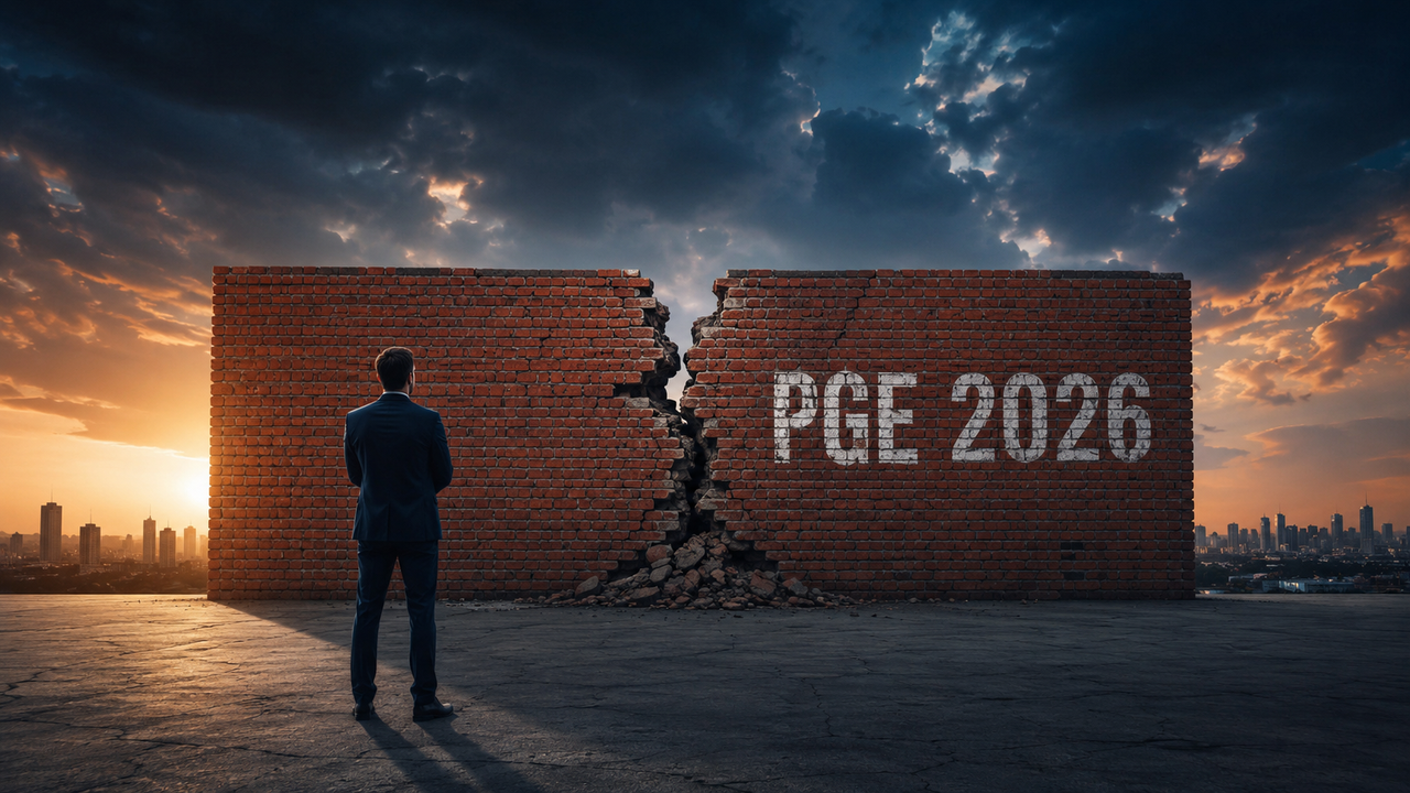 Un dirigeant d’entreprise en costume sombre, vu de dos, fait face à un grand mur de briques rouges fissuré en son centre, marqué “PGE 2026”. Sous un ciel orageux mêlant bleu nuit et lumière orangée, la scène symbolise les tensions économiques et les défis liés au remboursement des prêts garantis par l’État.
