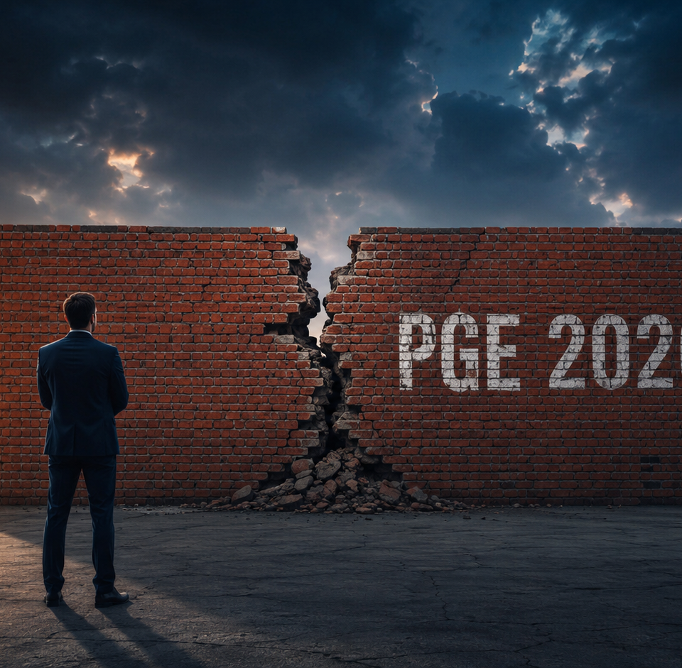 Un dirigeant d’entreprise en costume sombre, vu de dos, fait face à un grand mur de briques rouges fissuré en son centre, marqué “PGE 2026”. Sous un ciel orageux mêlant bleu nuit et lumière orangée, la scène symbolise les tensions économiques et les défis liés au remboursement des prêts garantis par l’État.