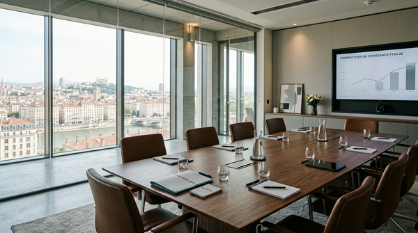 Une poignée de main symbolisant une négociation bail commercial réussie entre un dirigeant de PME et un bailleur, avec des immeubles de bureaux modernes en arrière-plan.