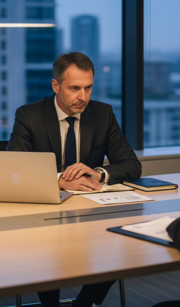 Un dirigeant de PME déterminé en pleine négociation commerciale face à un grand compte en 2026, appliquant les principes de BATNA et d'ancrage.