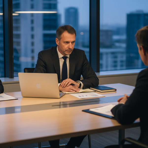 Un dirigeant de PME déterminé en pleine négociation commerciale face à un grand compte en 2026, appliquant les principes de BATNA et d'ancrage.