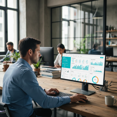 Un entrepreneur français utilise son ordinateur pour gérer sa newsletter payante, avec les logos de Substack, Beehiiv et Ghost en arrière-plan, symbolisant le modèle média de 2026.