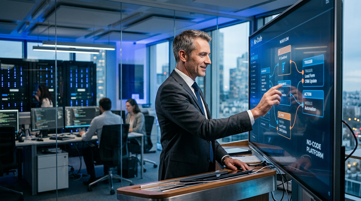 Illustration d'une PME face à un dilemme technologique, symbolisant la fin de l'expérimentation no-code PME et la nécessité de faire des choix stratégiques pour éviter la dette technique. Des engrenages complexes et des documents de gouvernance sont visibles.