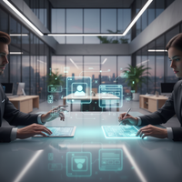 Illustration d'un entrepreneur utilisant des outils NoCode sur une tablette, avec des icônes représentant des applications, sites web et workflows, symbolisant la création sans développeur en 2026.