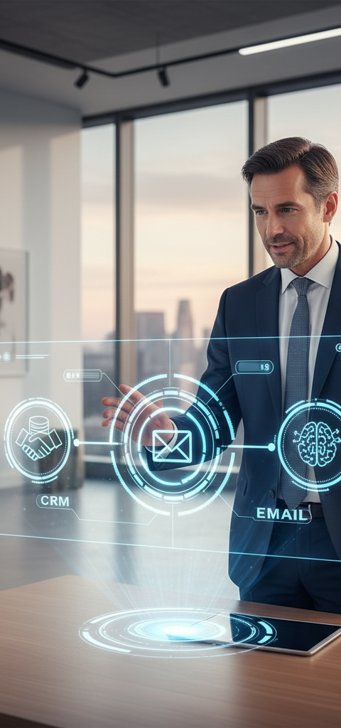 Illustration d'une PME utilisant des outils no-code et l'IA pour automatiser ses processus, symbolisant l'autonomie technologique et la croissance.