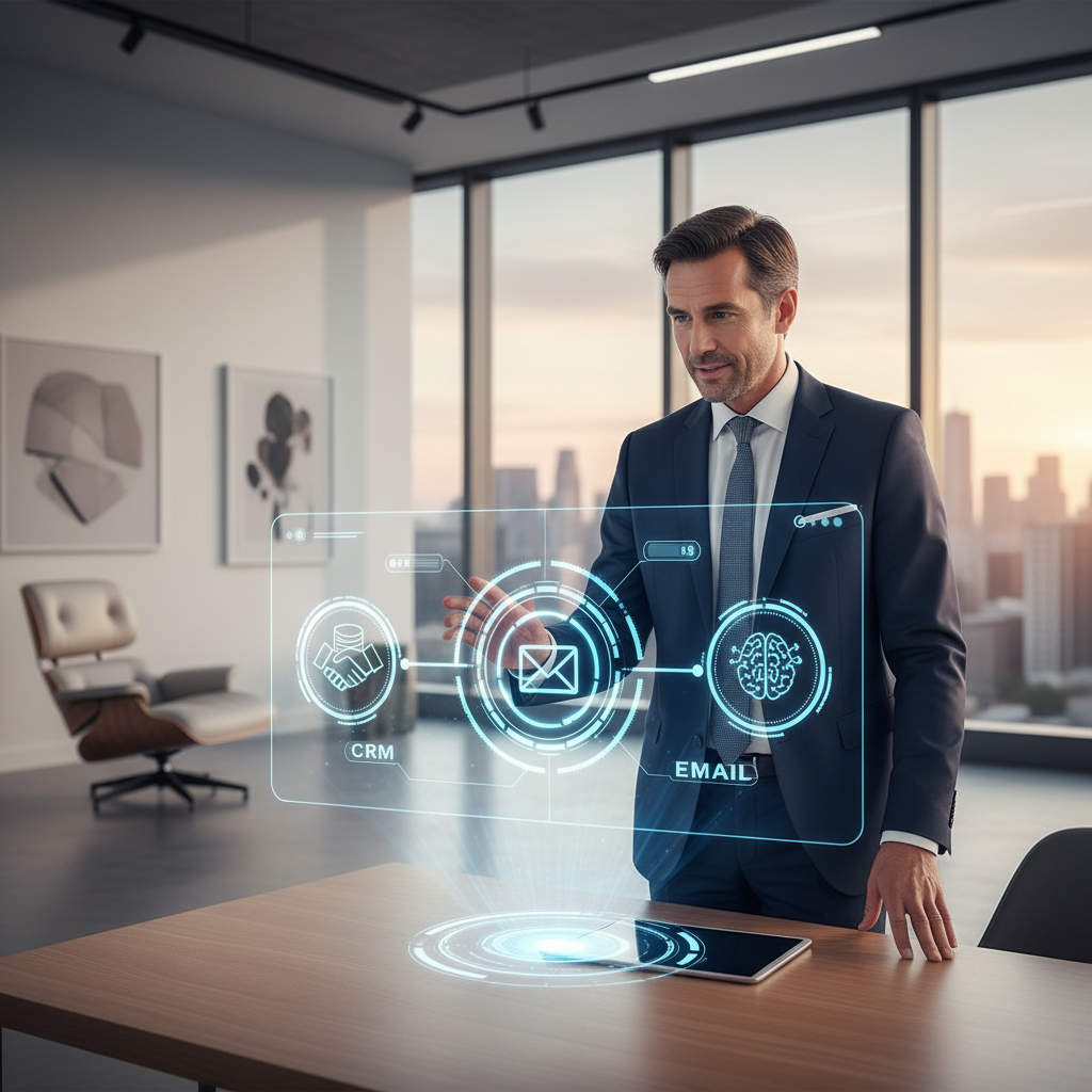 Illustration d'une PME utilisant des outils no-code et l'IA pour automatiser ses processus, symbolisant l'autonomie technologique et la croissance.