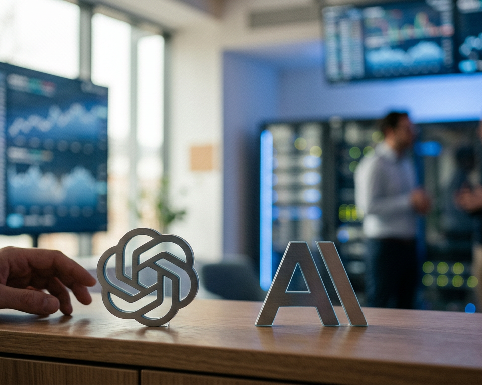 Illustration symbolisant la finance et l'intelligence artificielle, avec les logos d'OpenAI et Anthropic, représentant leur potentielle entrée en bourse et ses répercussions sur le marché de l'IA.