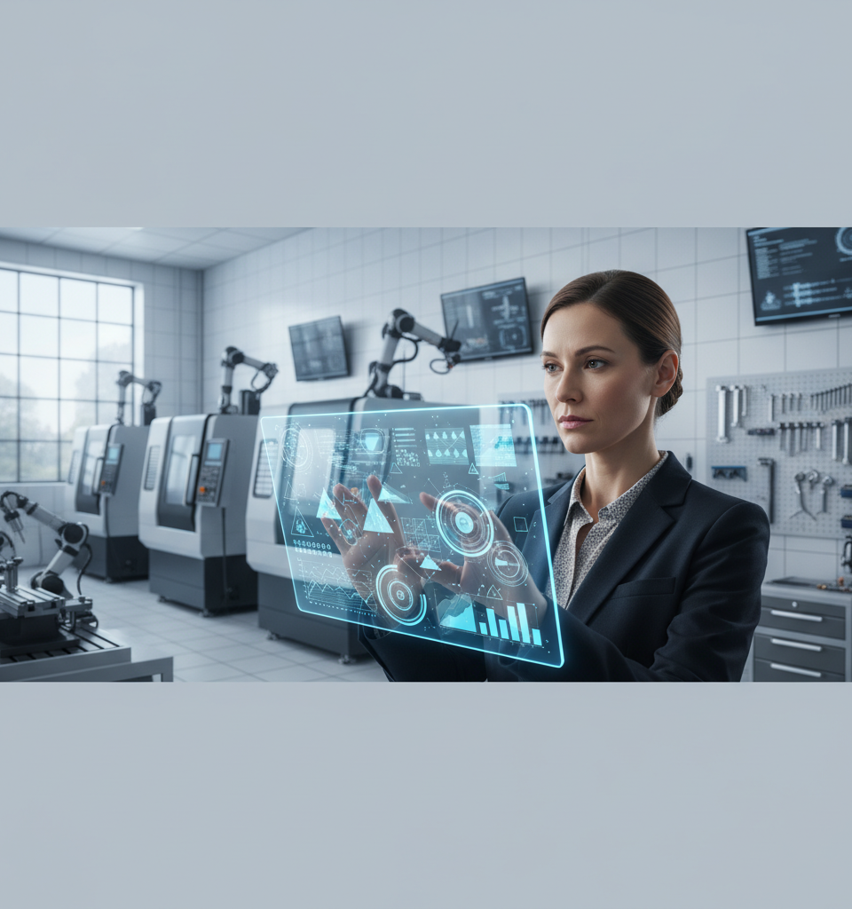 Une dirigeante de PME devant un écran affichant des graphiques complexes, symbolisant l'aide d'OpenAI o2 pour le raisonnement stratégique et la prise de décision.