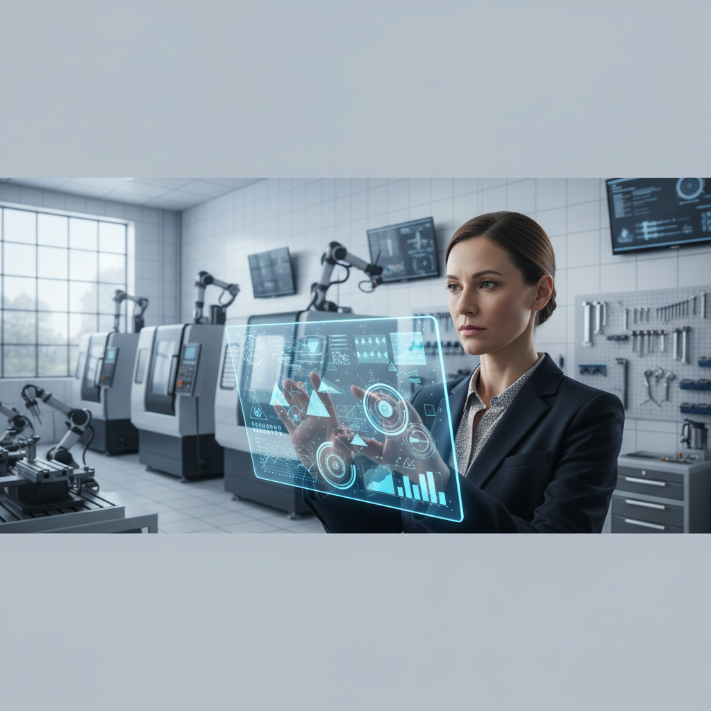 Une dirigeante de PME devant un écran affichant des graphiques complexes, symbolisant l'aide d'OpenAI o2 pour le raisonnement stratégique et la prise de décision.