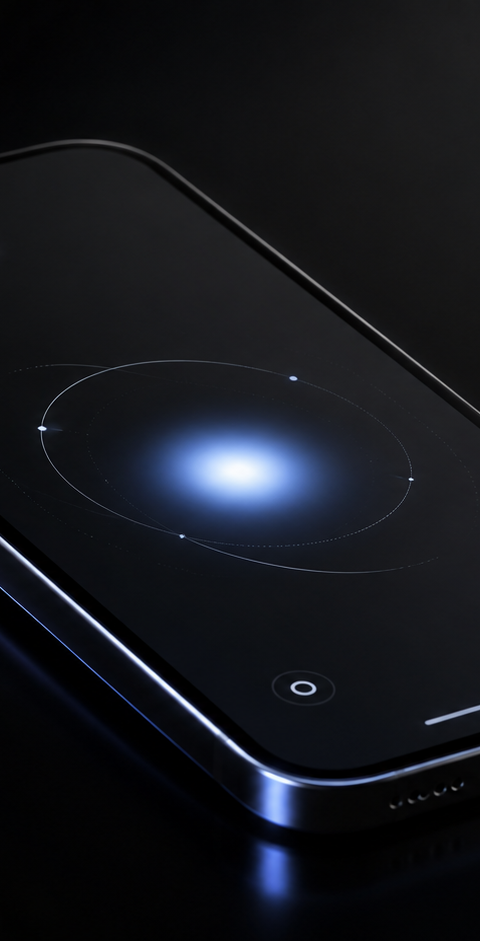 Prototype de smartphone futuriste noir, posé sur une surface sombre et brillante, avec une interface lumineuse bleue au centre de l’écran, dans une mise en scène premium, sobre et inspirée de l’univers OpenAI.