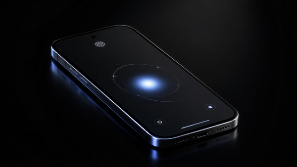 Prototype de smartphone futuriste noir, posé sur une surface sombre et brillante, avec une interface lumineuse bleue au centre de l’écran, dans une mise en scène premium, sobre et inspirée de l’univers OpenAI.