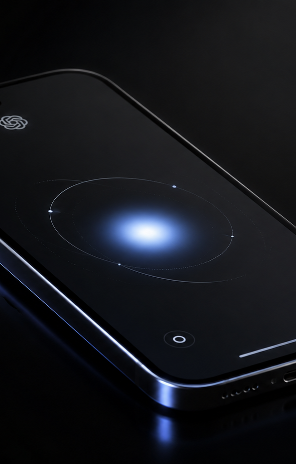 Prototype de smartphone futuriste noir, posé sur une surface sombre et brillante, avec une interface lumineuse bleue au centre de l’écran, dans une mise en scène premium, sobre et inspirée de l’univers OpenAI.