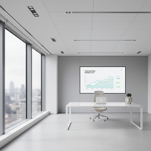 Tableau de bord intelligent affichant les données d'optimisation énergétique par IA d'un bâtiment professionnel moderne.