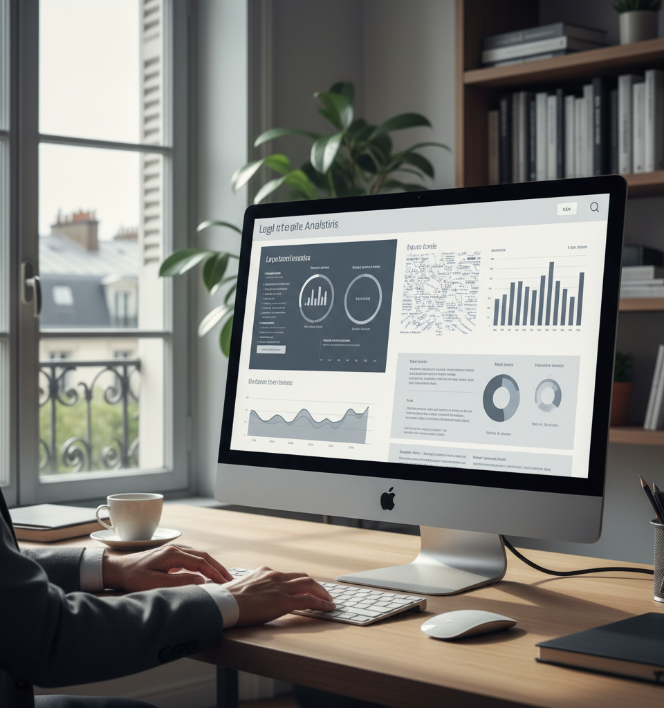 Illustration d'une intelligence artificielle (IA) symbolisée par un cerveau numérique et des rouages, interagissant avec des documents juridiques, représentant l'IA juridique legaltech au service des PME.