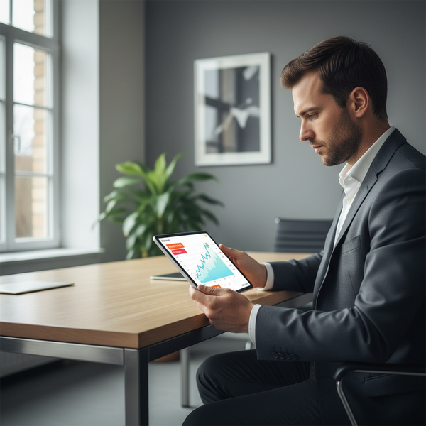 Illustration futuriste d'un tableau de bord financier avec des graphiques et des icônes d'intelligence artificielle, symbolisant les outils relance recouvrement B2B de 2026.