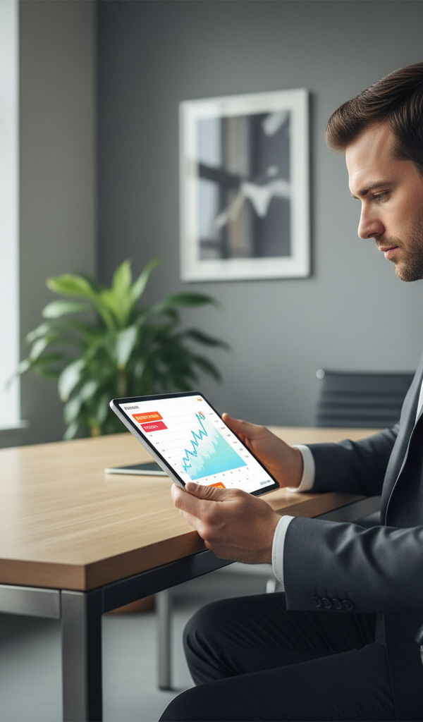 Illustration futuriste d'un tableau de bord financier avec des graphiques et des icônes d'intelligence artificielle, symbolisant les outils relance recouvrement B2B de 2026.