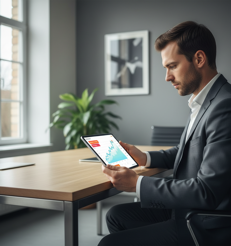 Illustration futuriste d'un tableau de bord financier avec des graphiques et des icônes d'intelligence artificielle, symbolisant les outils relance recouvrement B2B de 2026.