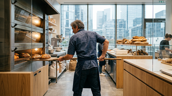 Artisan boulanger examinant son plan financier pour ouvrir une boulangerie en 2026.